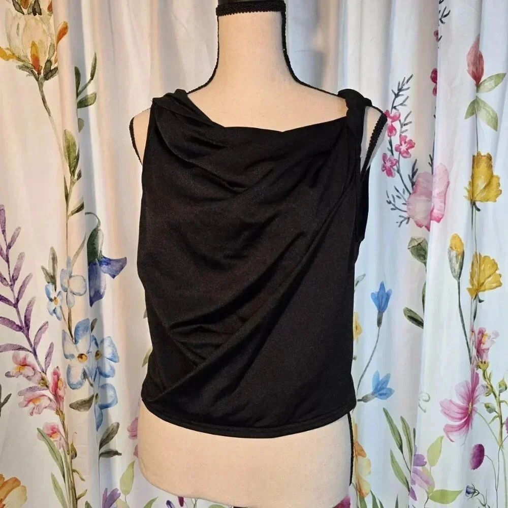NWT Cider Women's Cowl Neck Knotted Crop Tank Black Size Medium New - Picture 3 of 11